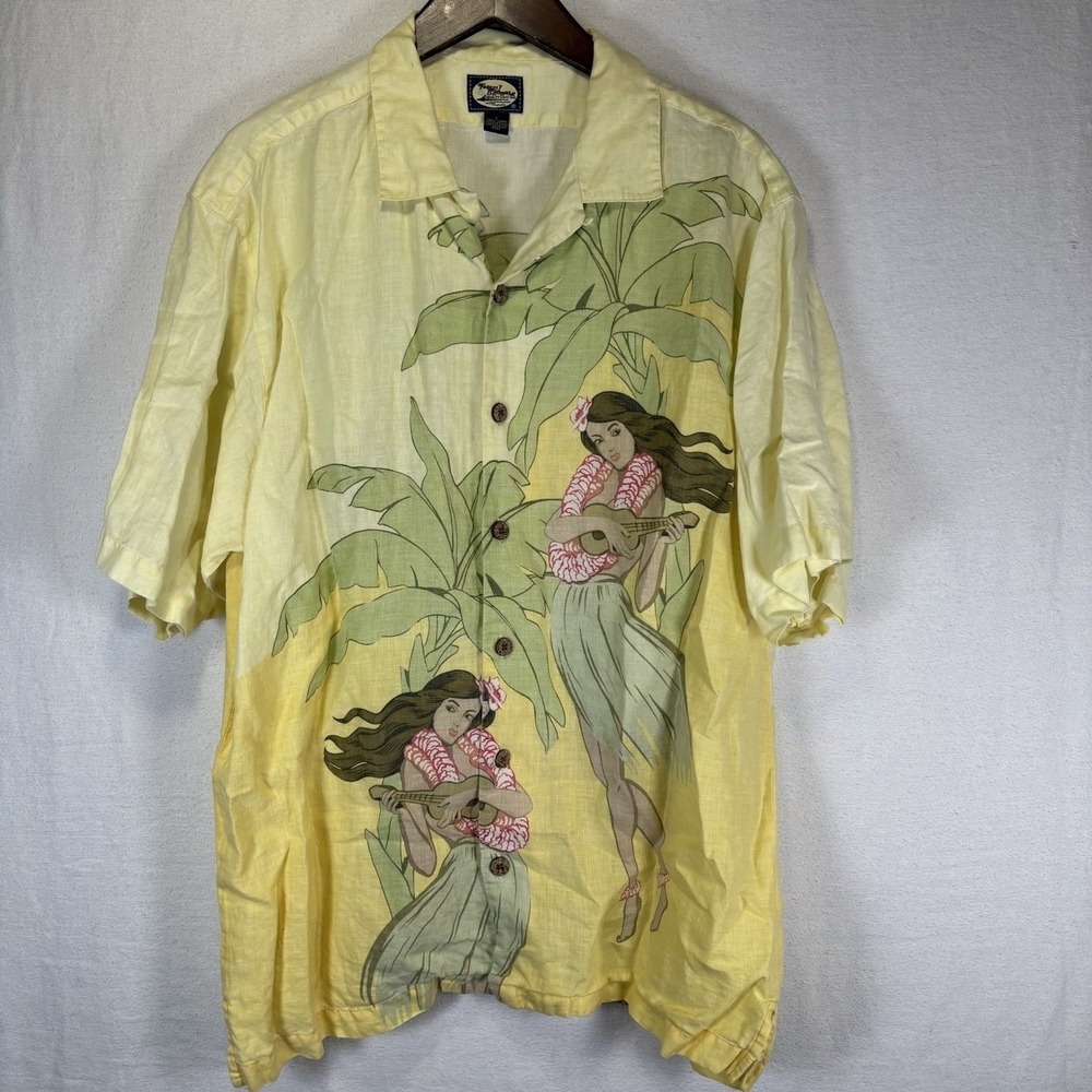 Tommy Bahama Shirt Mens L Yellow Linen Hula Girl Hawaiian Aloha Tropical Print